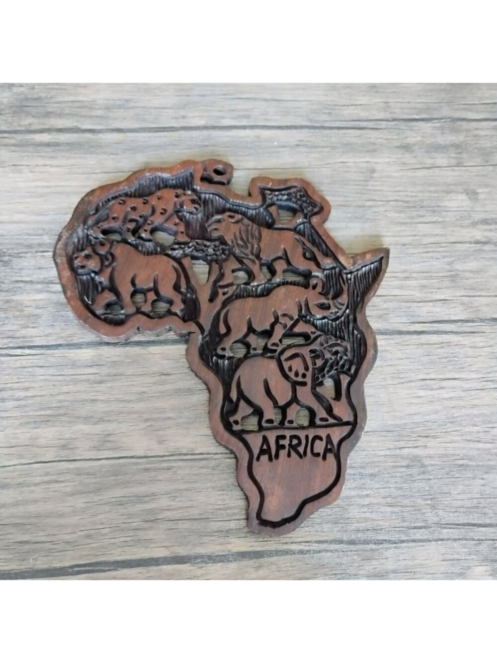 Africa-Shaped Wooden Wall Art With Animal Carvings Handcrafted 12" Rustic Decor
